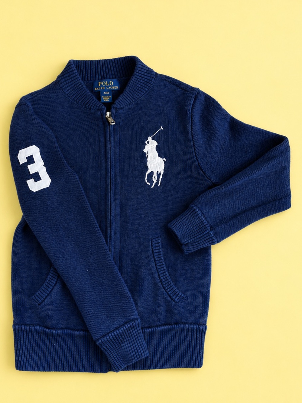 Polo by Ralph Lauren Navy Zip-Up Sweater with White Polo Player & Sleeve 3